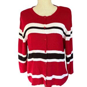 Good Clothes Red Black White Cotton Striped 3/4 Sleeve Cardigan L